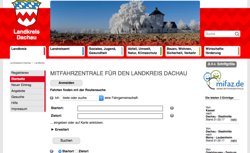 MiFaZ des Landkreises Dachau, eingebettet in die Webseite des Landratsamtes